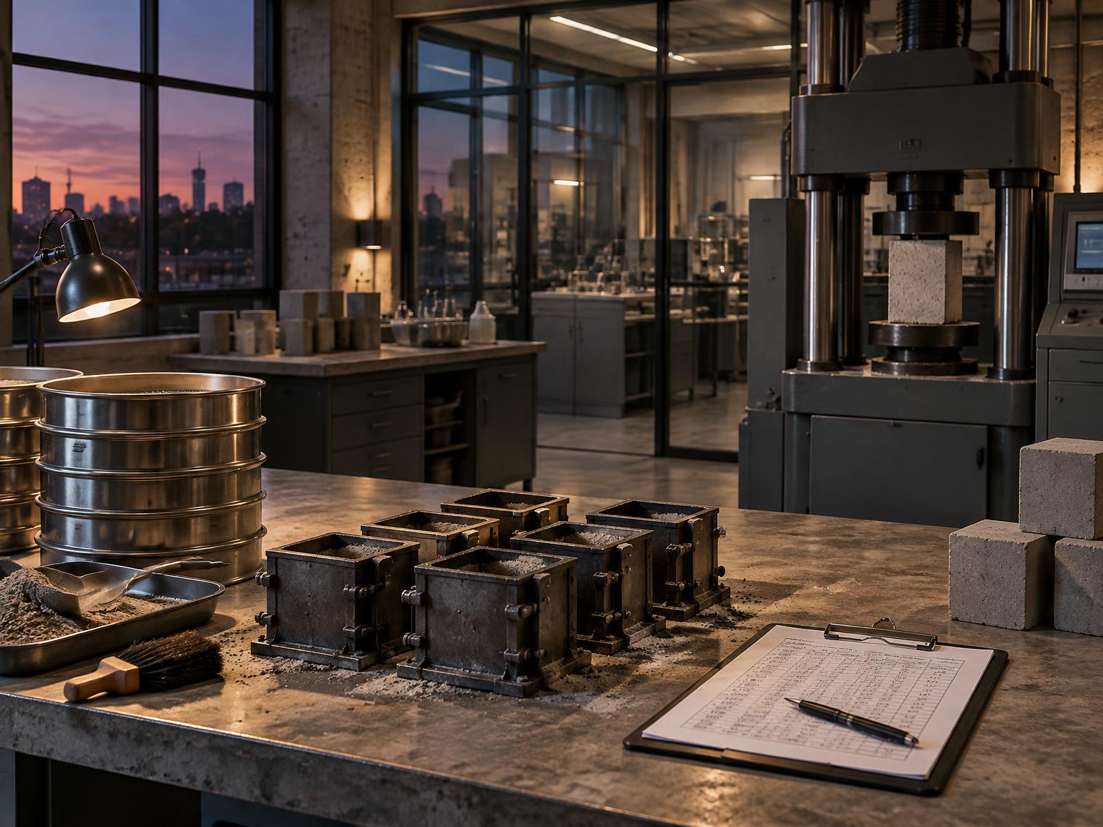Cement materials-testing laboratory at dusk, with compression press, mortar molds, sieve stack and kiln readings